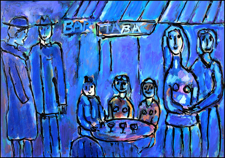 Painting titled "LE BAR TABAC" by Jean Mirre, Original Artwork, Oil