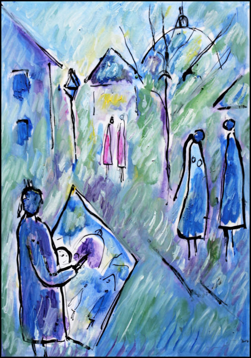 Pintura intitulada "Peintre à Montmartre" por Jean Mirre, Obras de arte originais, Óleo