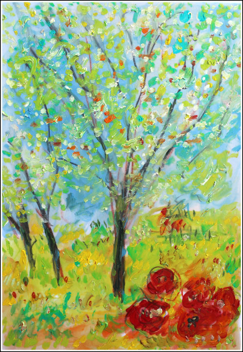 Картина под названием "Amandiers en fleurs" - Jean Mirre, Подлинное произведение искусства, Масло