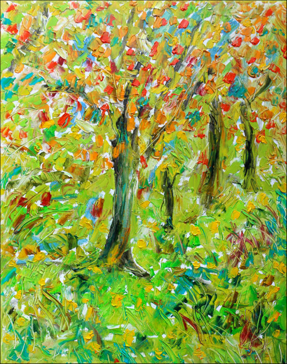 Painting titled "Dans les bois" by Jean Mirre, Original Artwork, Oil Mounted on Wood Stretcher frame