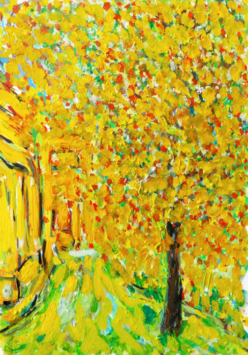 Schilderij getiteld "Yellow courtyard" door Jean Mirre, Origineel Kunstwerk, Olie