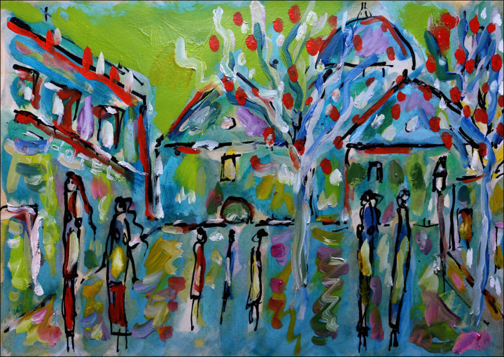 Malerei mit dem Titel "Colorful Hotel" von Jean Mirre, Original-Kunstwerk, Öl
