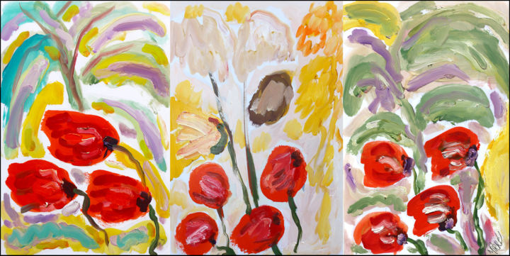 Peinture intitulée "Triptyque fleurs" par Jean Mirre, Œuvre d'art originale, Huile