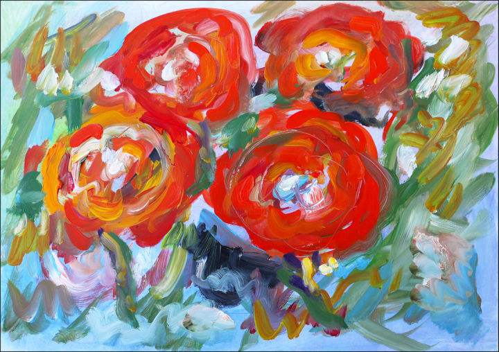 Painting titled "Wild Roses" by Jean Mirre, Original Artwork, Oil