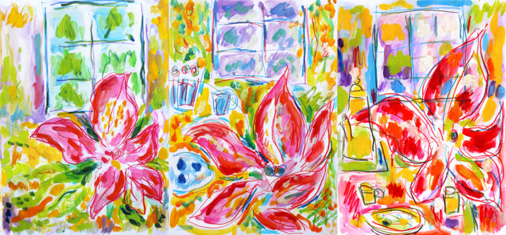 Peinture intitulée "Triptyque Hibiscus" par Jean Mirre, Œuvre d'art originale, Huile