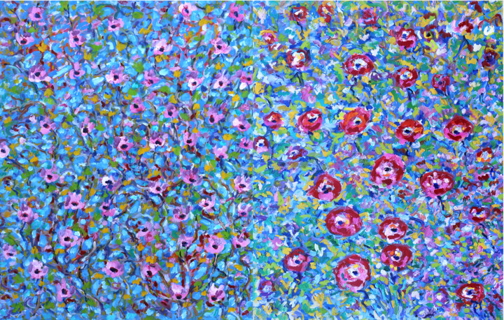 Painting titled "Diptyque Fleurs et…" by Jean Mirre, Original Artwork, Oil Mounted on Wood Stretcher frame