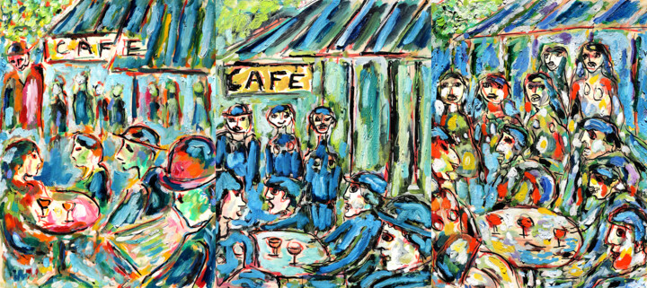 Painting titled "Cafés parisiens1" by Jean Mirre, Original Artwork, Oil