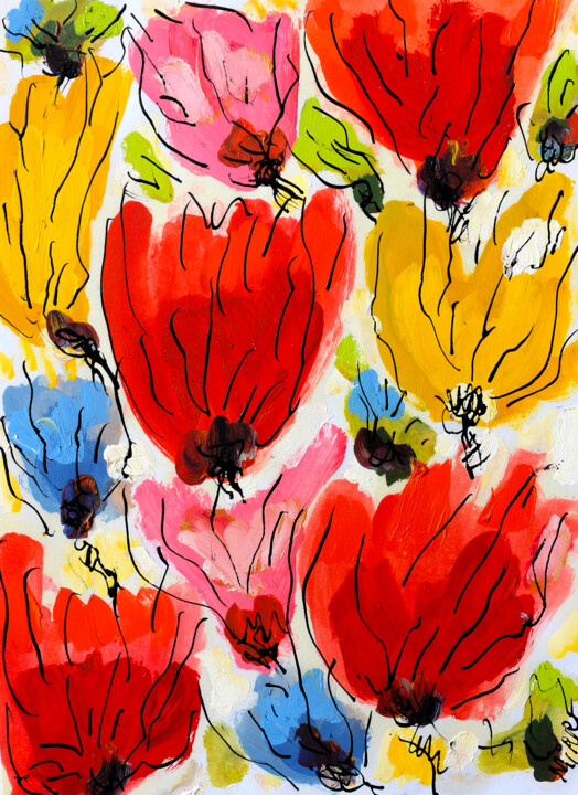 Painting titled "Tulipes montgolfièr…" by Jean Mirre, Original Artwork, Oil