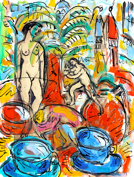 Schilderij getiteld "Thé chez Matisse1" door Jean Mirre, Origineel Kunstwerk, Olie