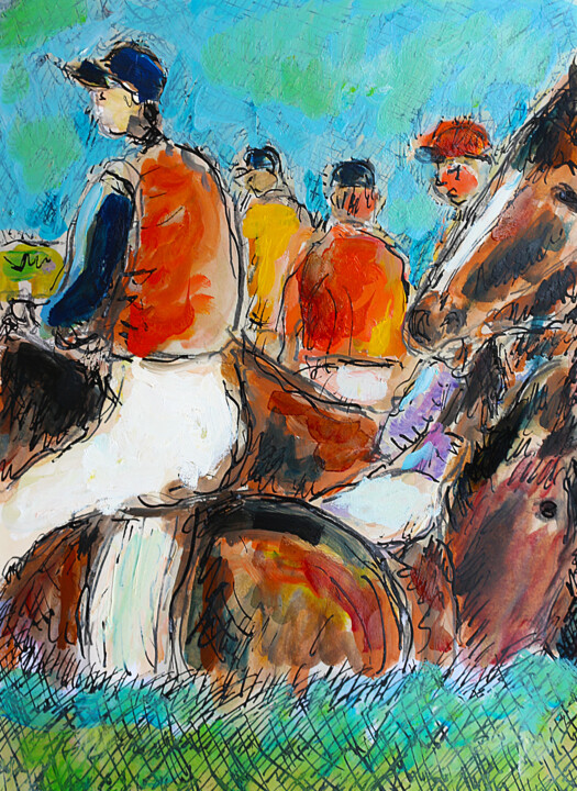 Painting titled "Les jockeys de Degas" by Jean Mirre, Original Artwork, Oil