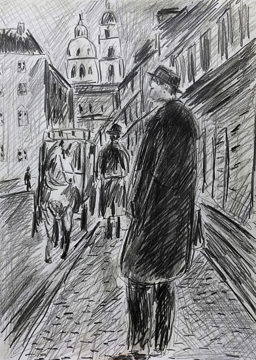 Tekening getiteld "Rue de Prague" door Jean Mirre, Origineel Kunstwerk, Potlood