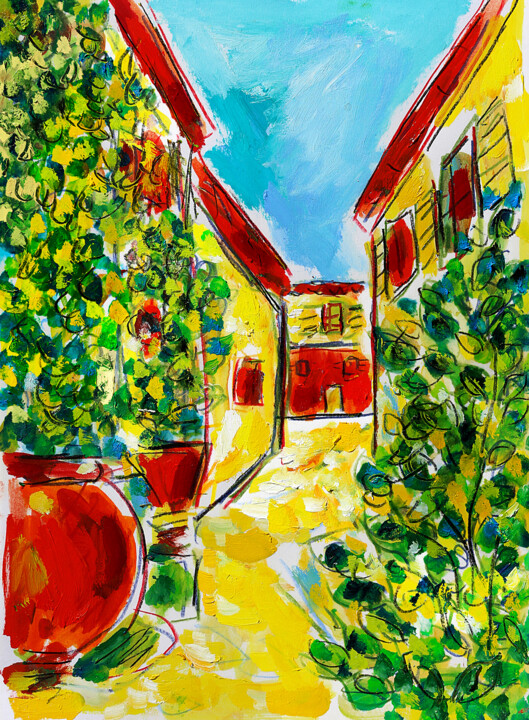 Peinture intitulée "Village citron" par Jean Mirre, Œuvre d'art originale, Huile