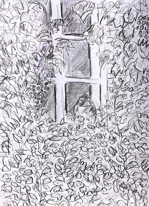 Dessin intitulée "Grappes et fenêtre" par Jean Mirre, Œuvre d'art originale, Crayon
