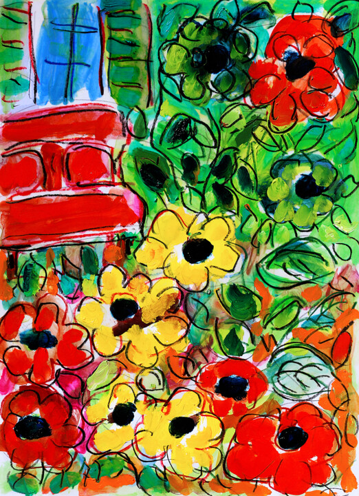 Malerei mit dem Titel "Living room flowers" von Jean Mirre, Original-Kunstwerk, Öl