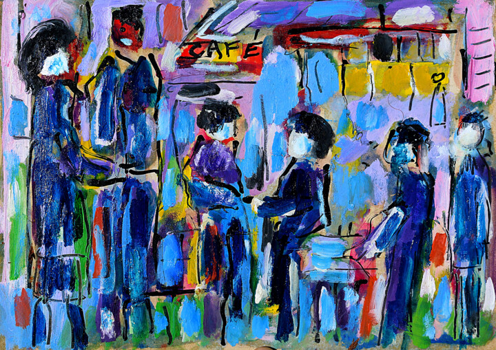 Schilderij getiteld "Punk café2" door Jean Mirre, Origineel Kunstwerk, Olie