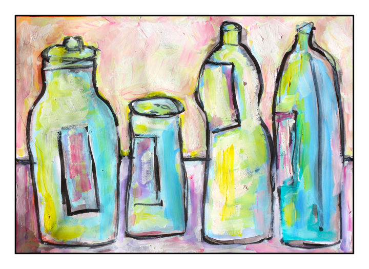 Painting titled "3 bottles + salt" by Jean Mirre, Original Artwork, Ink