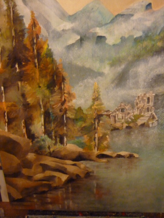 Painting titled "Lac de montagne en…" by Jeanne Gabriel, Original Artwork, Oil