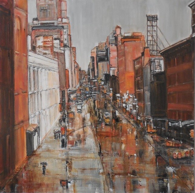Painting titled "Rue de New York" by Jeanne-Marie Delbarre, Original Artwork, Acrylic Mounted on Wood Stretcher frame