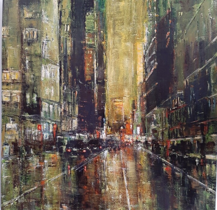 Painting titled "New-York-vert" by Jeanne-Marie Delbarre, Original Artwork, Acrylic Mounted on Wood Stretcher frame