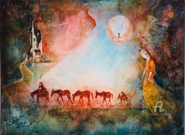 Pintura intitulada "Les chevaux de Don-…" por Christian Jeannet, Obras de arte originais, Óleo Montado em Armação em madeira
