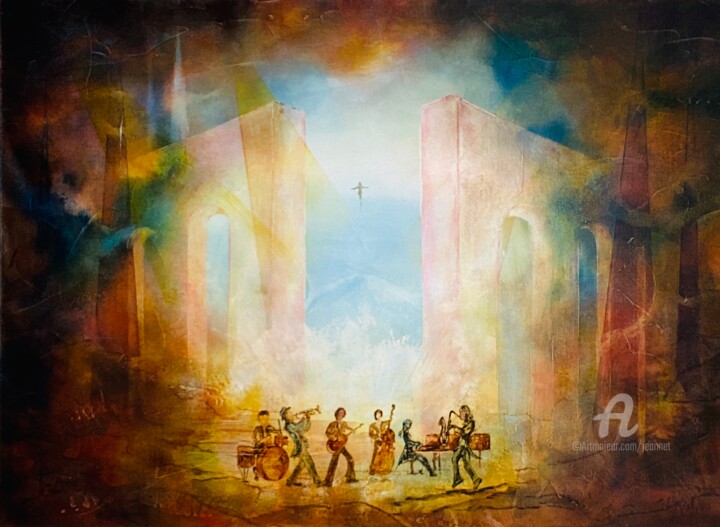 Schilderij getiteld "Source de  Musique" door Christian Jeannet, Origineel Kunstwerk, Olie Gemonteerd op Frame voor houten b…