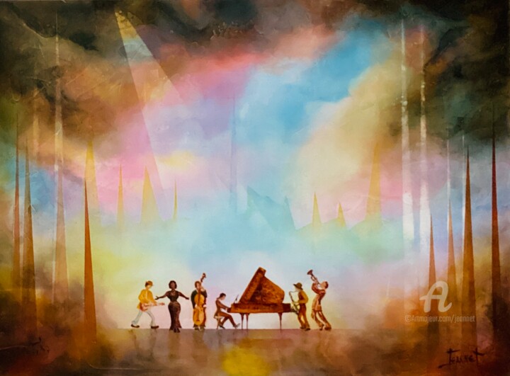 Painting titled "Soirée. JAZZ" by Christian Jeannet, Original Artwork, Oil Mounted on Wood Stretcher frame