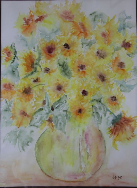 Painting titled "VASE JAUNE" by Jeannette Allary, Original Artwork, Watercolor