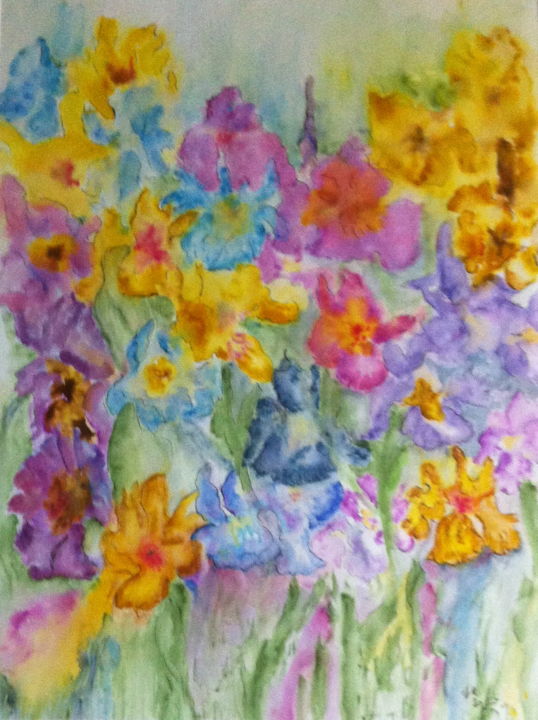 Painting titled "BRASSEE d'IRIS" by Jeannette Allary, Original Artwork, Watercolor