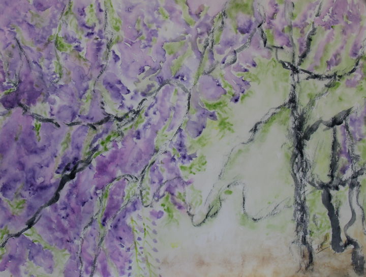 Painting titled "GLYCINES 1" by Jeannette Allary, Original Artwork, Watercolor