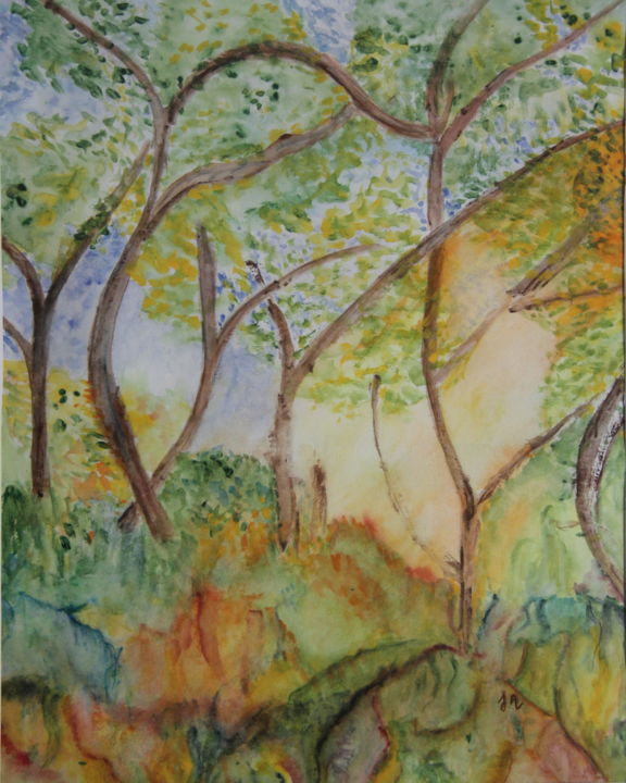 Painting titled "FORET" by Jeannette Allary, Original Artwork, Watercolor