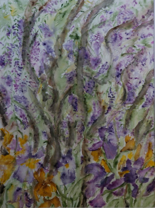Painting titled "ENTRE GLYCINES et I…" by Jeannette Allary, Original Artwork, Watercolor