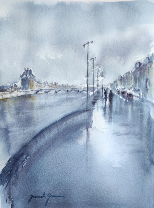 Painting titled "Paris quai Voltaire" by Jeannette Giannini, Original Artwork, Watercolor