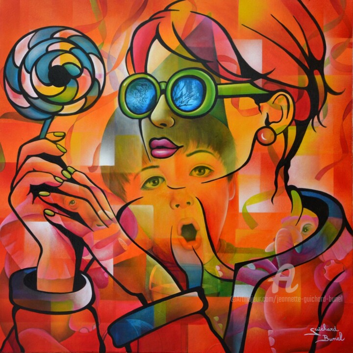 Painting titled "surprise party" by Jeannette Guichard-Bunel, Original Artwork, Oil