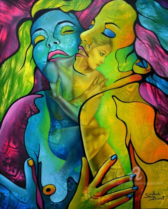 Painting titled "le miroir d'émeraude" by Jeannette Guichard-Bunel, Original Artwork, Oil Mounted on Wood Stretcher frame