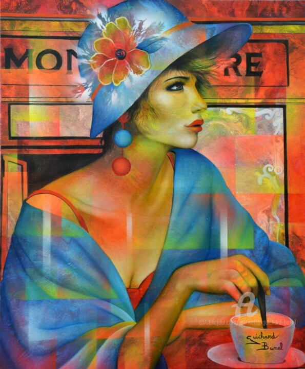 "Au café de la butte…" başlıklı Tablo Jeannette Guichard-Bunel tarafından, Orijinal sanat, Petrol Ahşap Sedye çerçevesi üzer…