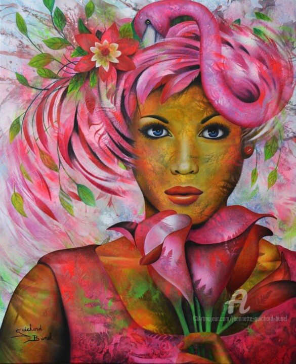 Painting titled "Pink Lady" by Jeannette Guichard-Bunel, Original Artwork, Oil Mounted on Wood Stretcher frame