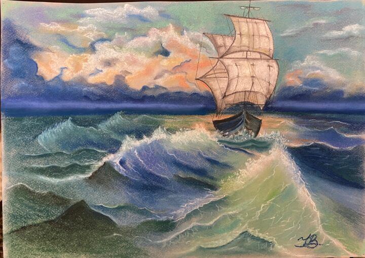 Drawing titled "Lonely ship" by Janna Kasimova, Original Artwork, Pastel