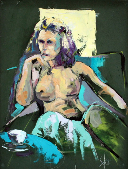 Painting titled "NU À LA TABLE BLEUE" by Jean-Paul Schmitt, Original Artwork, Oil