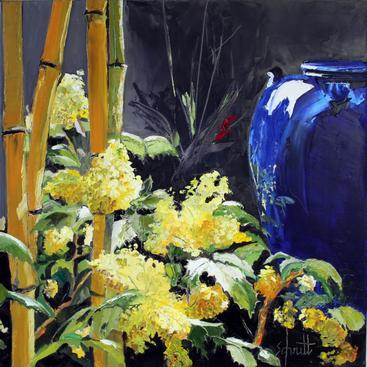 Peinture intitulée "MAHONIA ET BAMBOUS" par Jean-Paul Schmitt, Œuvre d'art originale, Huile Monté sur Châssis en bois