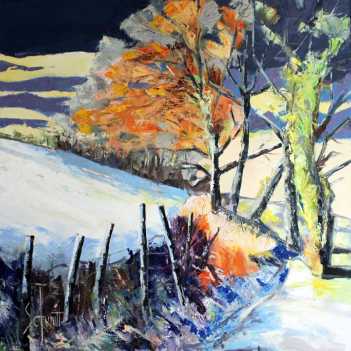 Painting titled "PAYSAGE D'HIVER IV" by Jean-Paul Schmitt, Original Artwork, Oil Mounted on Wood Stretcher frame