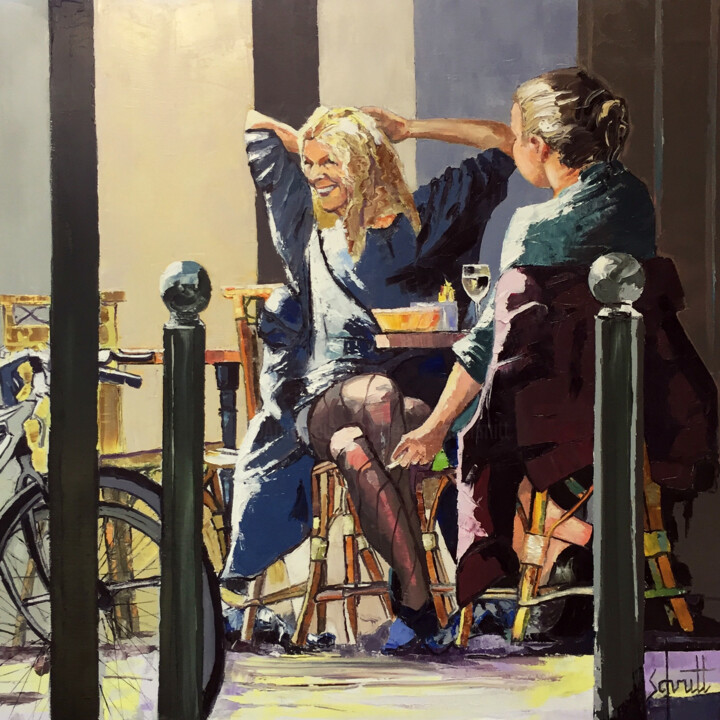 Painting titled "CAFÉ LVI (Deux femm…" by Jean-Paul Schmitt, Original Artwork, Oil Mounted on Wood Stretcher frame