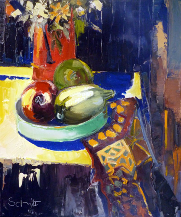 Painting titled "Nature morte au fou…" by Jean-Paul Schmitt, Original Artwork, Oil