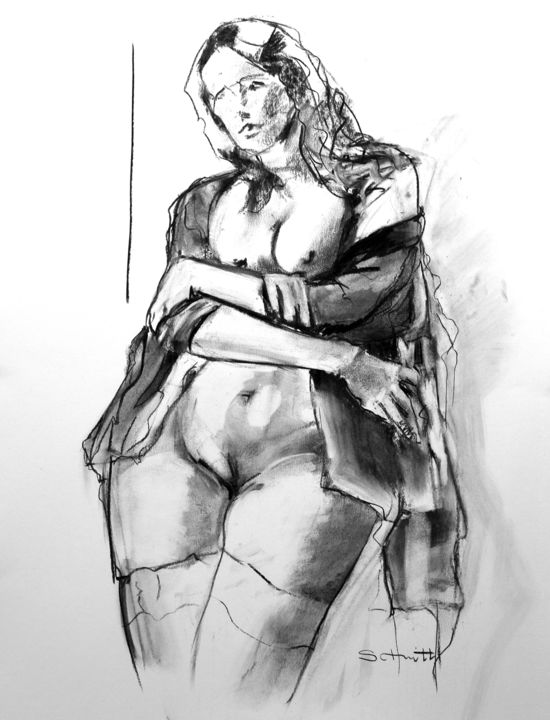 Drawing titled "nu-aux-bras-croise-…" by Jean-Paul Schmitt, Original Artwork, Charcoal