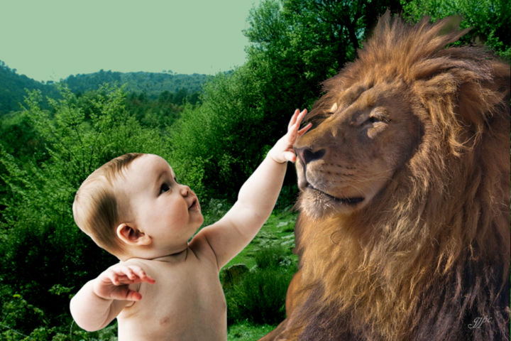 Digital Arts titled "Bébé & Lion" by Jean-Pierre Gueret, Original Artwork, Photo Montage