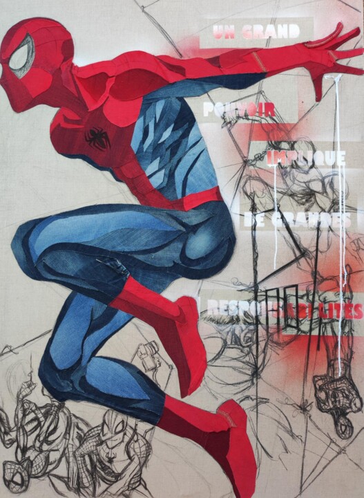 Arte tessile intitolato "Spider man" da Jeansart, Opera d'arte originale, Tessuto Montato su Telaio per barella in legno