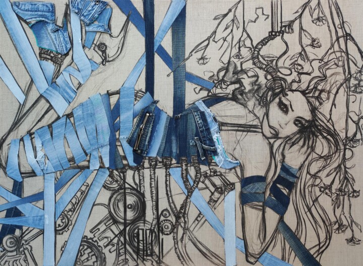 Art textile intitulée "En apesanteur - Air" par Jeansart, Œuvre d'art originale, Fusain Monté sur Châssis en bois