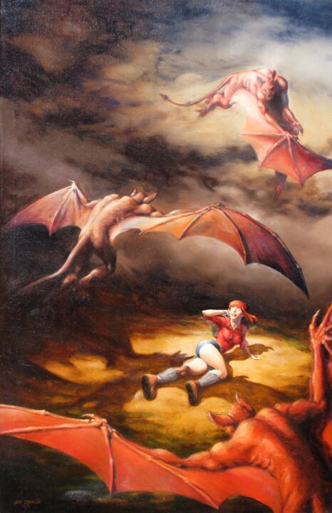 Pintura titulada "Attack of the Bat-M…" por Jeff Cornish, Obra de arte original, Oleo