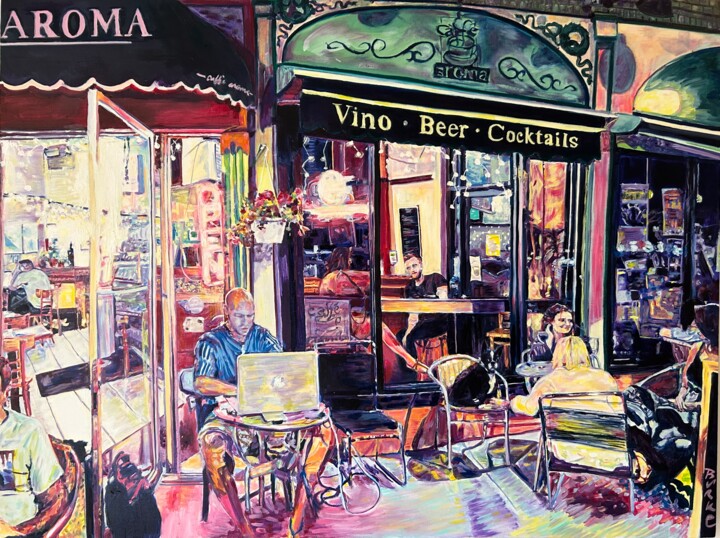 Painting titled "Night at the Caffé" by Jeffry Burke, Original Artwork, Oil Mounted on Wood Stretcher frame