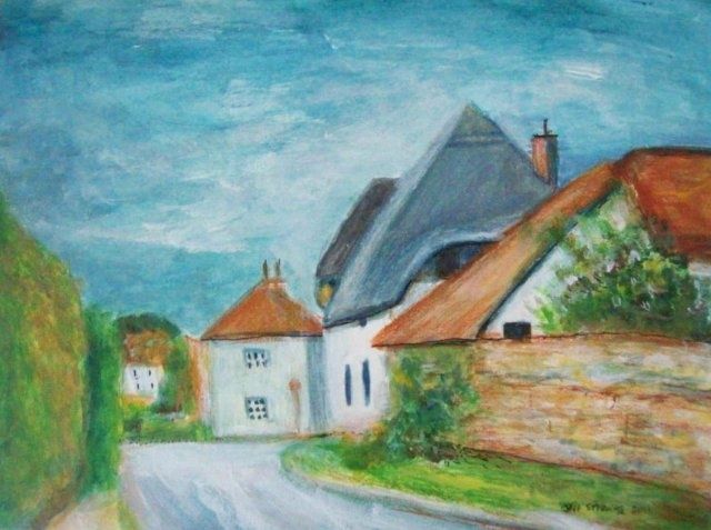 Schilderij getiteld "Cotswold Village -…" door Jeff Sterling, Origineel Kunstwerk, Olie