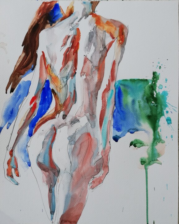 Painting titled "Nude, Beach Scene" by Jelena Djokic, Original Artwork, Watercolor